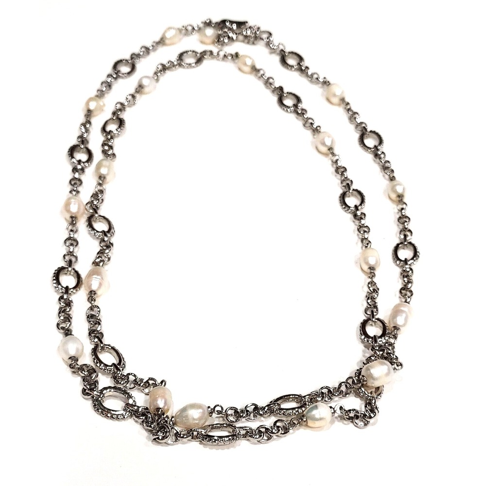 Necklace - Baroque Pearls on Silver Tone Oval Link Station Necklace